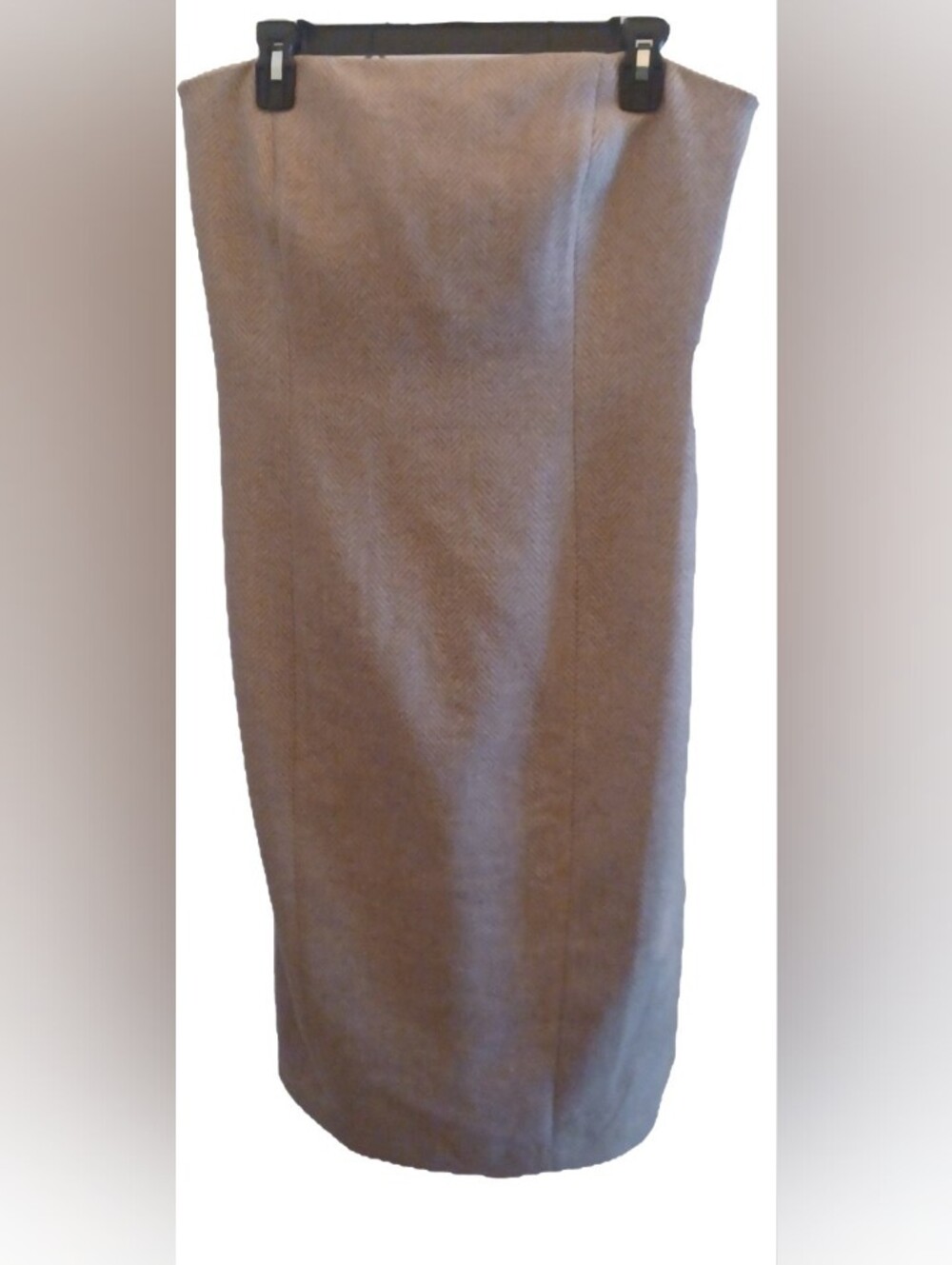 1. State Strapless Taupe Midi Wool Sheath Dress